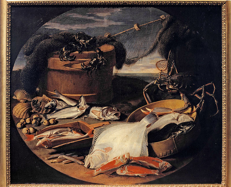 Anonimo — Kerckhoven Jacob van de - sec. XVII/ XVIII - Natura morta con pesci, molluschi e crostacei — insieme